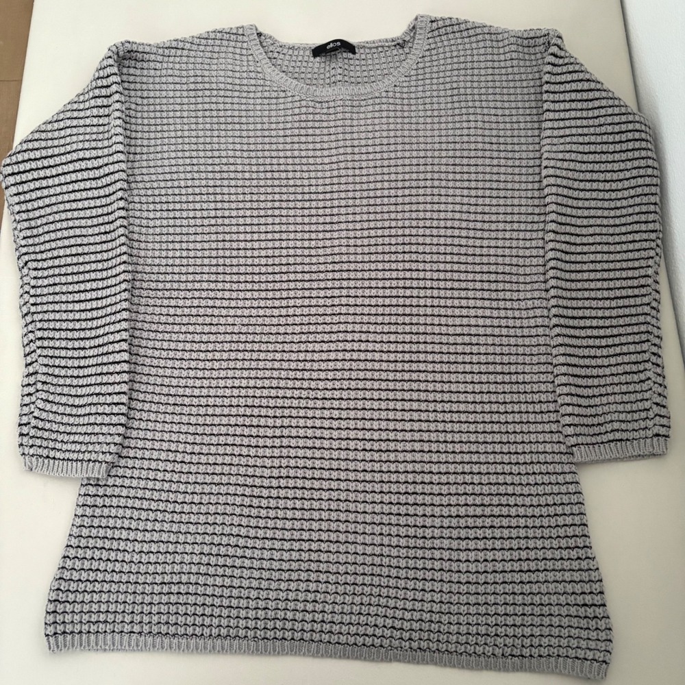 Ellos Grey‎ Black Stripe Waffle Knit Crew Neck Sweater Size S Cozy Warm